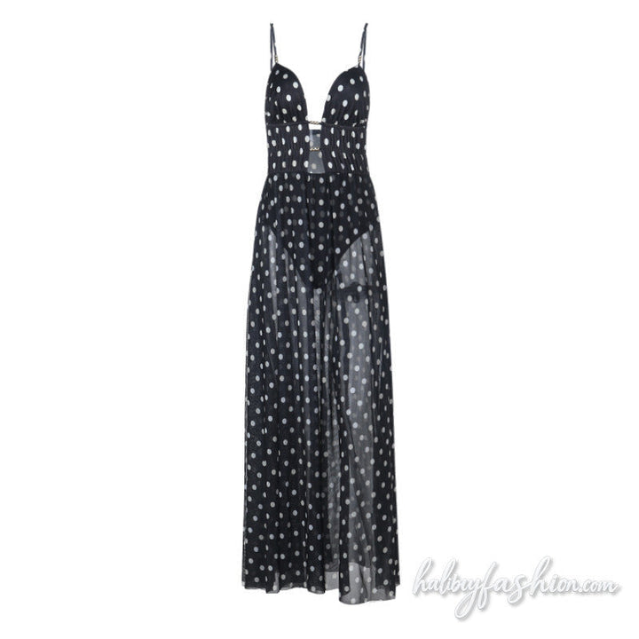Polka dot hollow out ruched mesh cami maxi dress