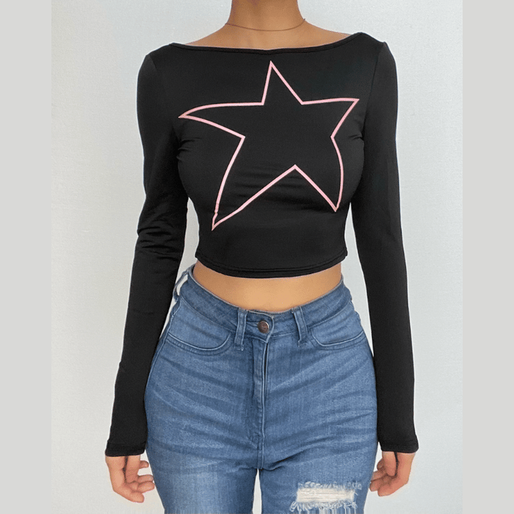 Long sleeve star pattern backless contrast crop top  | Festival Outfits Women