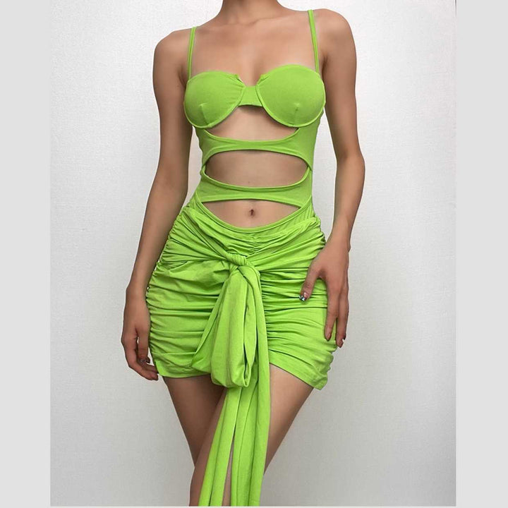 Hollow out solid ruched low cut self tie cami bodysuit mini skirt set-final-sale  | Festival Outfits Women