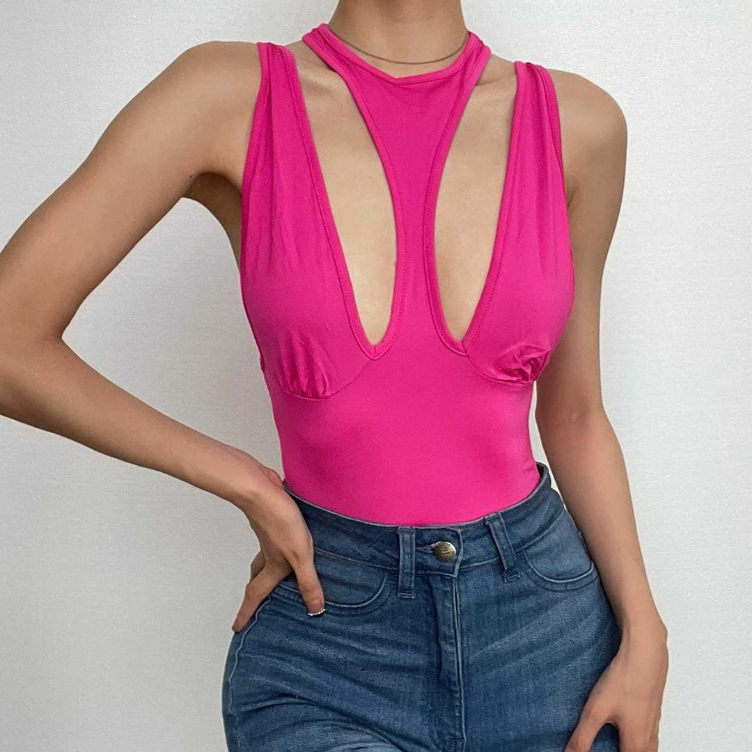 Hollow out crewneck sleeveless solid ruched bodysuit-final-sale  | Festival Outfits Women