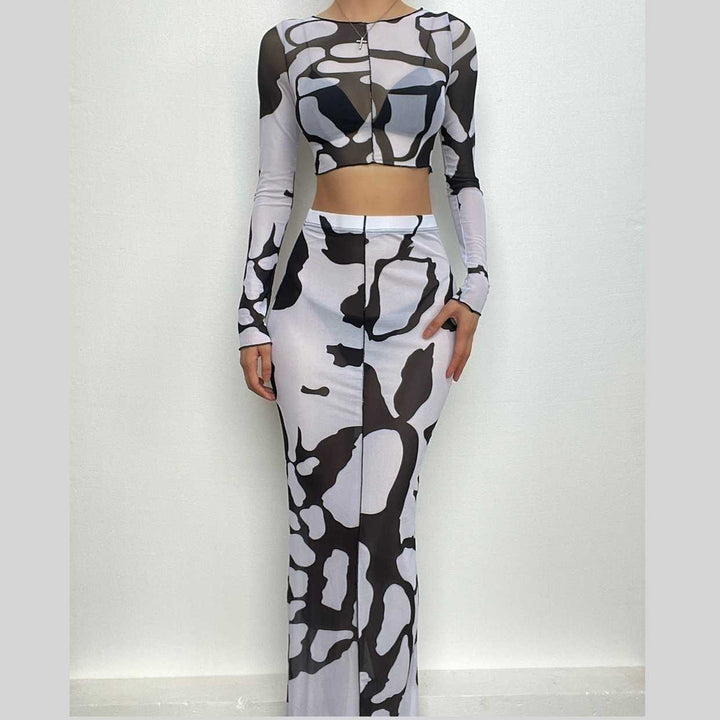 Sheer mesh see through long sleeve stitch contrast maxi skirt set-final-sale  | Festival Outfits Women