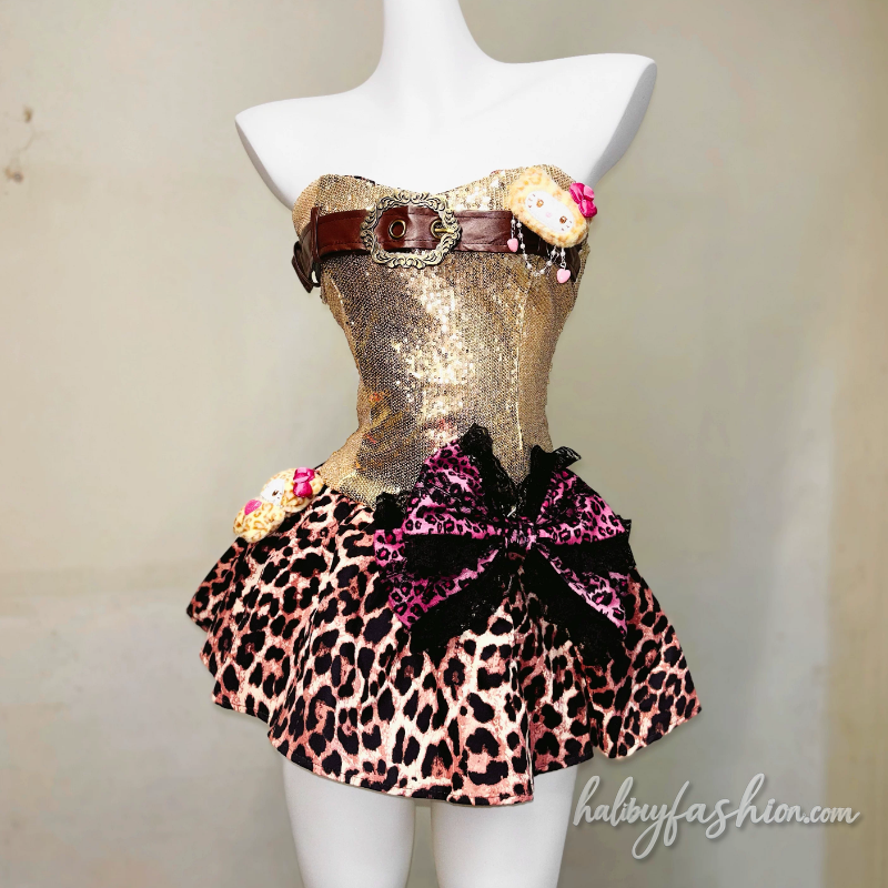 Leopard print bowknot glitter tube mini dress