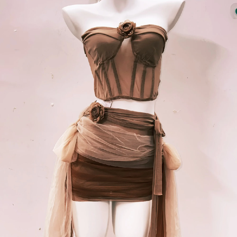 Flower applique ruched mesh knotted mini skirt set  | Festival Outfits Women