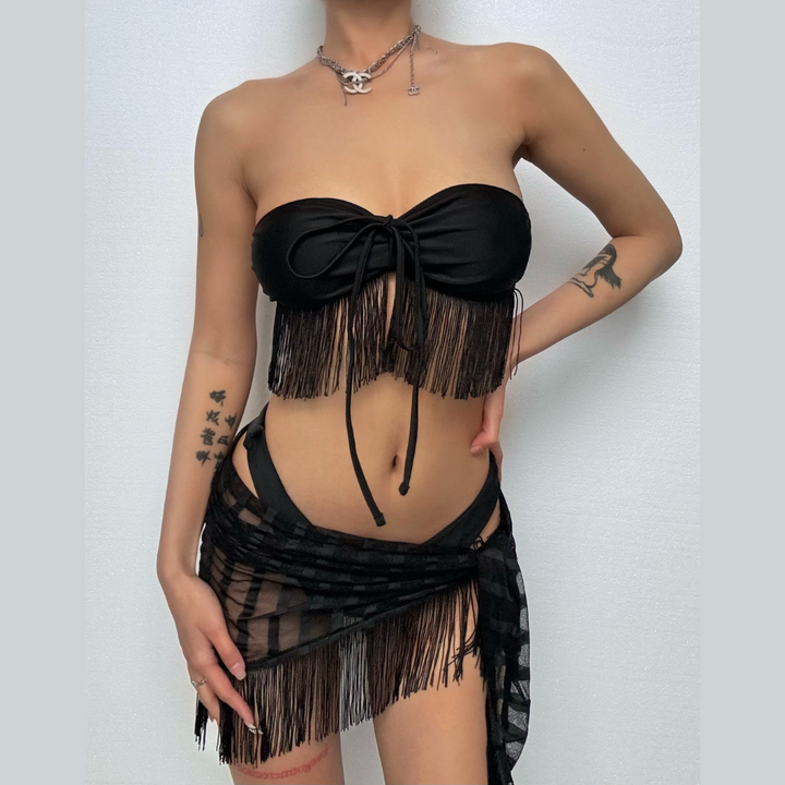 Solid halter mesh self tie ribbon 3 piece swimwear