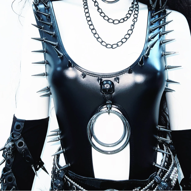 PU leather u neck rivet applique o ring hollow out bodysuit  | Festival Outfits Women