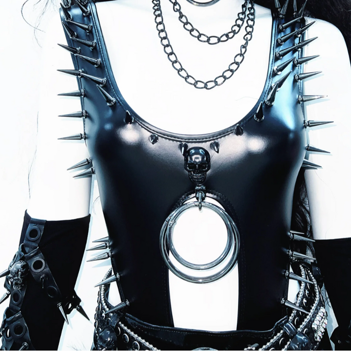 PU leather u neck rivet applique o ring hollow out bodysuit  | Festival Outfits Women