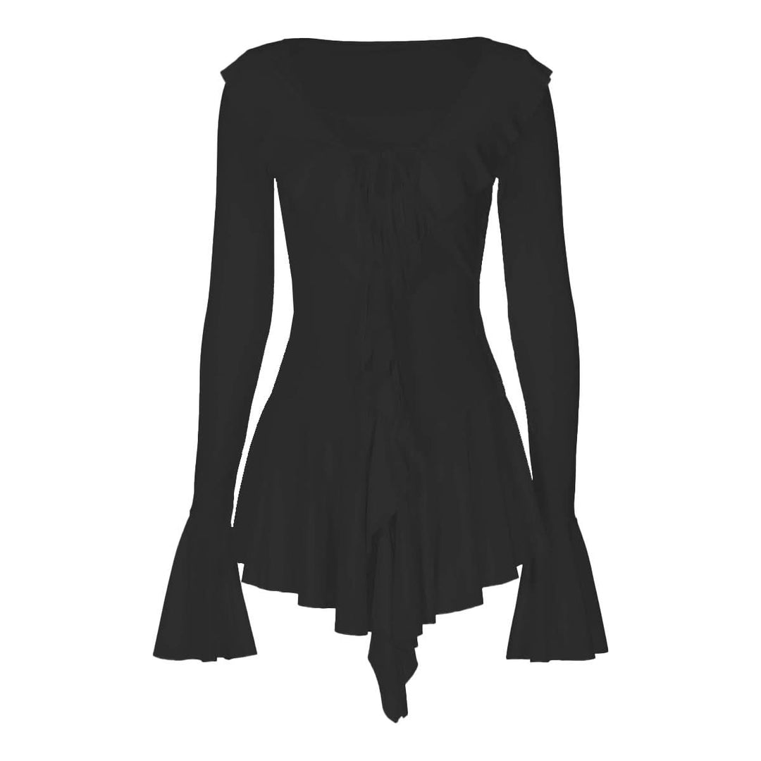 V neck long flared sleeve self tie ruffle mini dress  | Festival Outfits Women