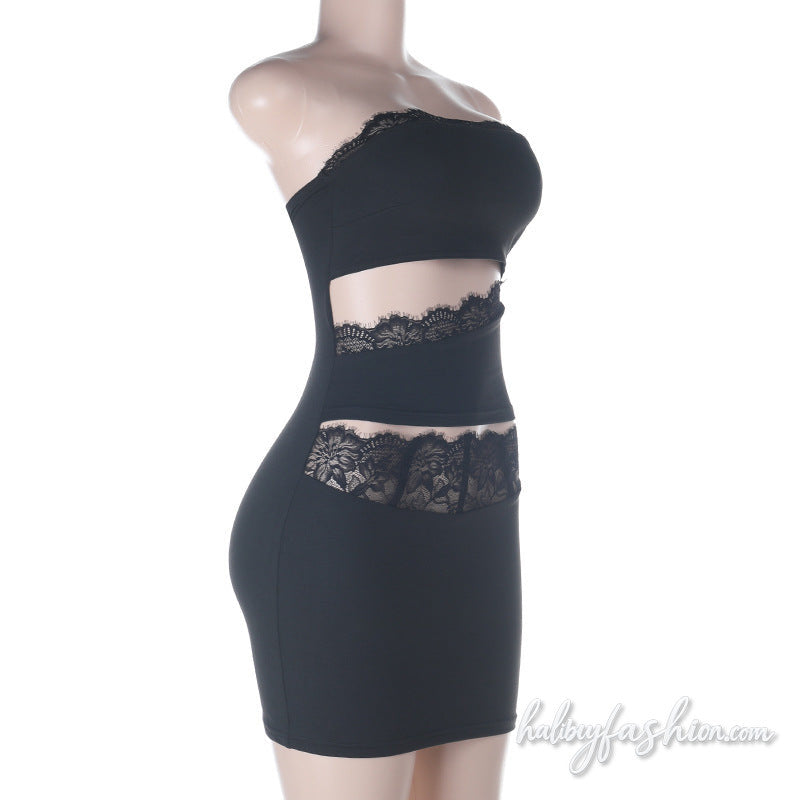 Lace hem hollow out irregular tube mini dress