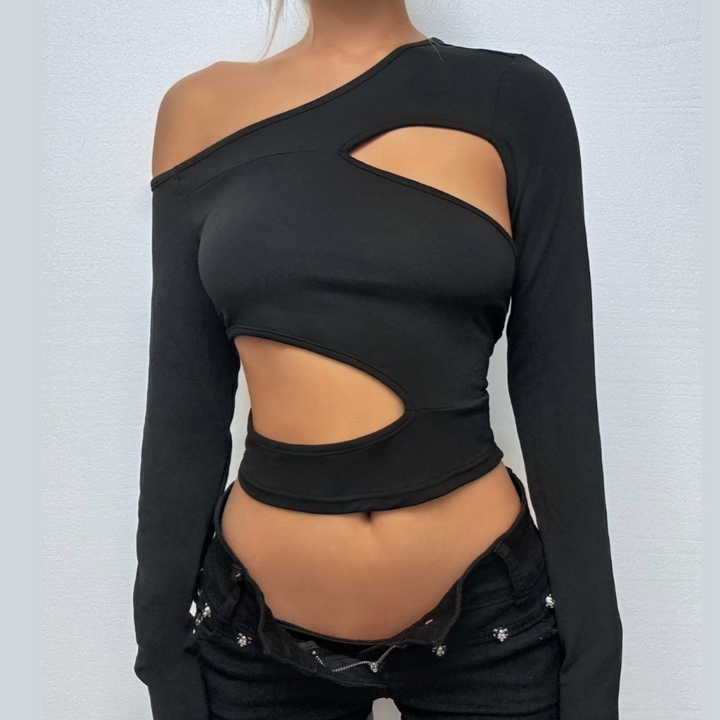 One shoulder long sleeve hollow out cut out top  | Festival Outfits Women