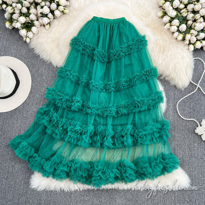 Ruffle mesh ruched maxi skirt