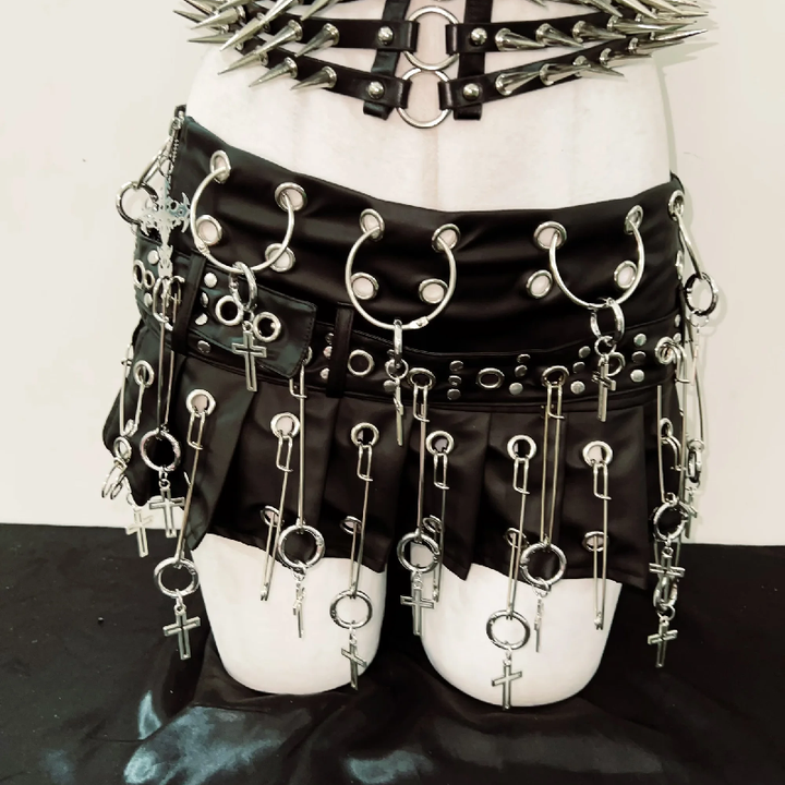 Metal chain rivet applique corset pleated mini skirt set  | Festival Outfits Women