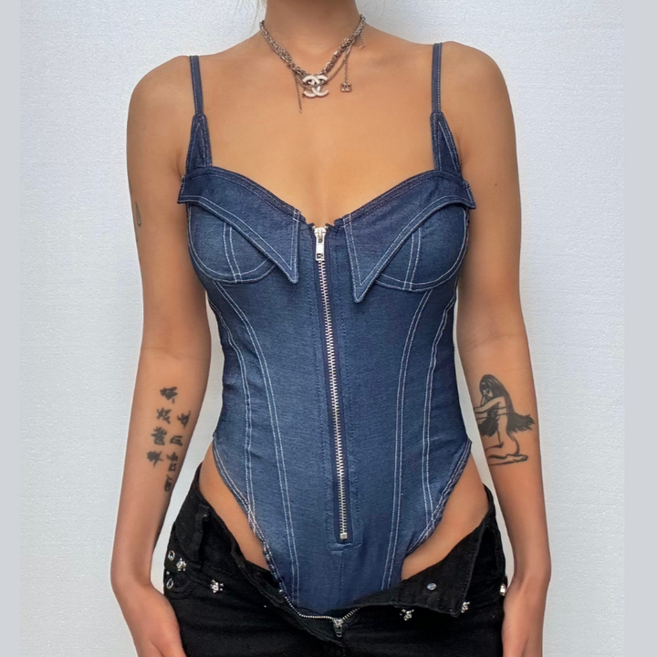 Denim zip-up backless v neck stitch cami bodysuit