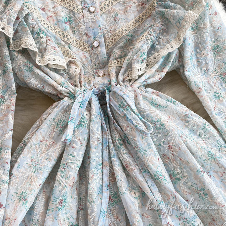 Long sleeve embroidery lace hem ruffle maxi dress