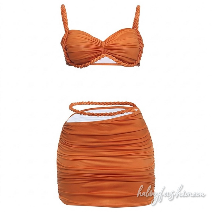 Ruched v neck gradient hollow out cami mini skirt set