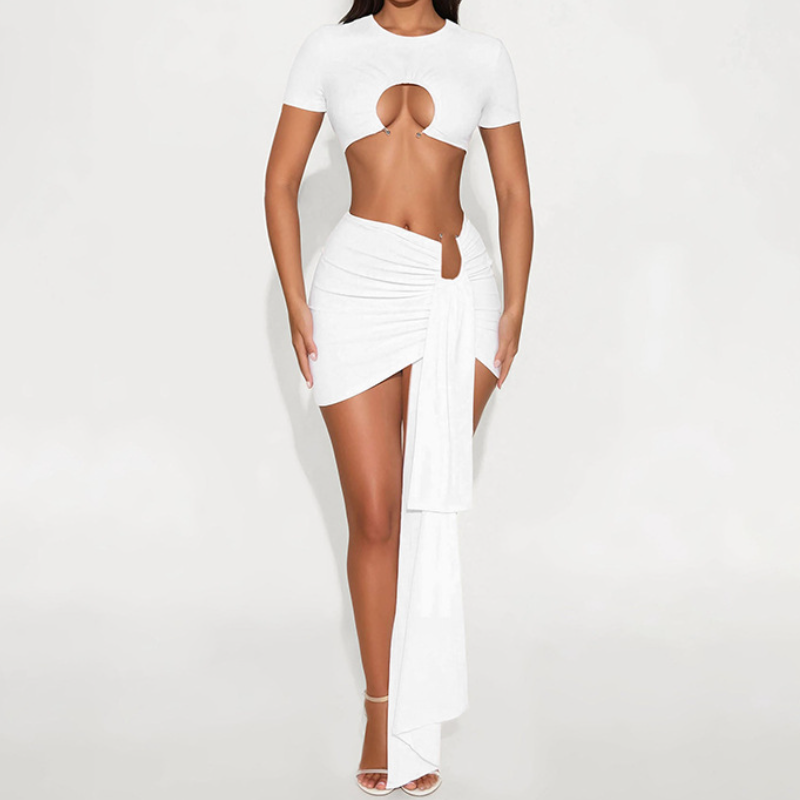 Crewneck solid short sleeve ruched mini skirt set  | Festival Outfits Women