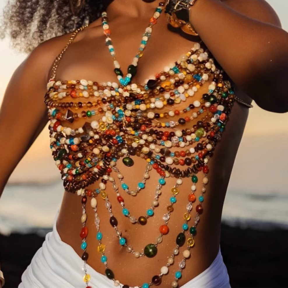 Beaded contrast halter backless top  | Festival Outfits Women
