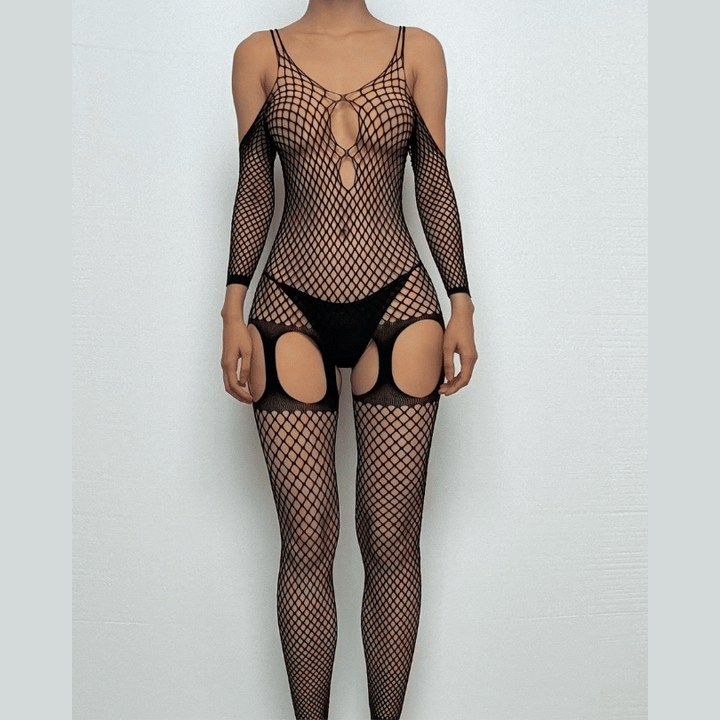 Fishnet hollow out off shoulder open crotch bodystocking  | Festival Outfits Women