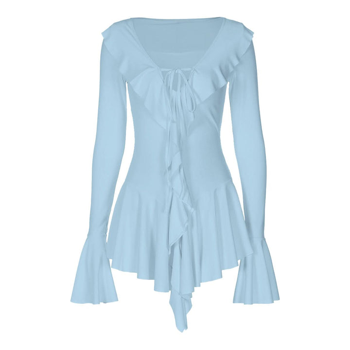 V neck long flared sleeve self tie ruffle mini dress  | Festival Outfits Women