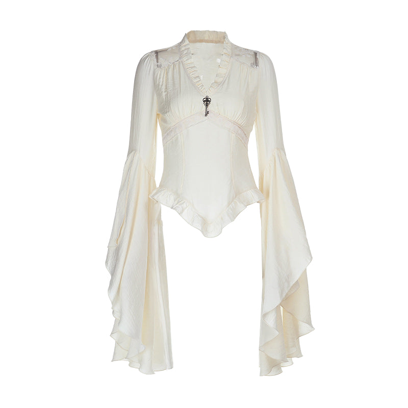 Long flared sleeve v neck ruched solid top  | Festival Outfits Women