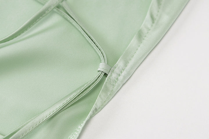 Satin cowl neck solid lace up backless ruched mini dress