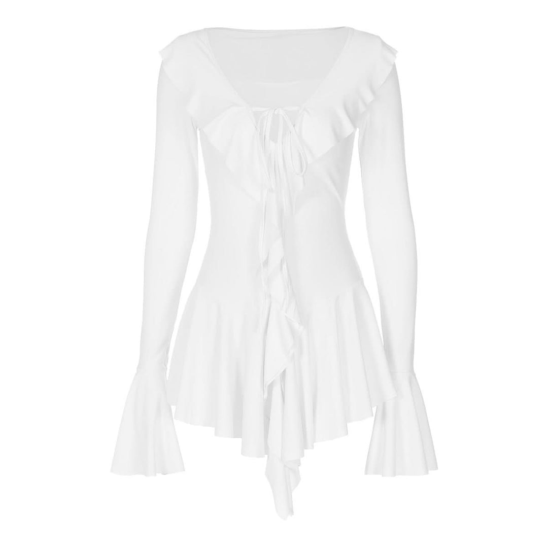 V neck long flared sleeve self tie ruffle mini dress  | Festival Outfits Women