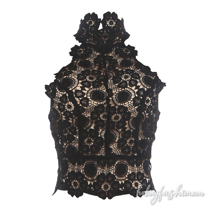 Hollow out halter zip-up backless lace top - Halibuy