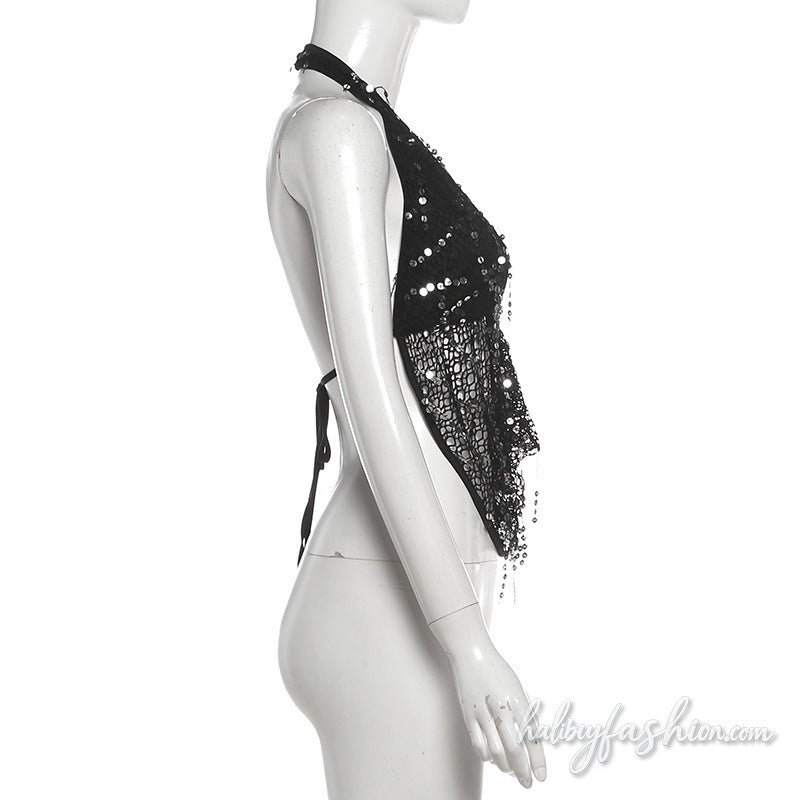 Halter self tie glitter hollow out backless top