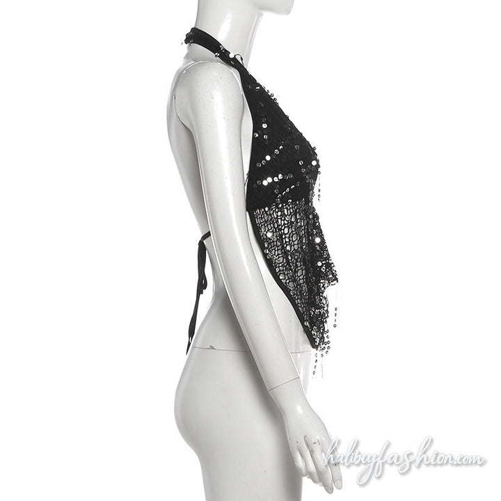 Halter self tie glitter hollow out backless top
