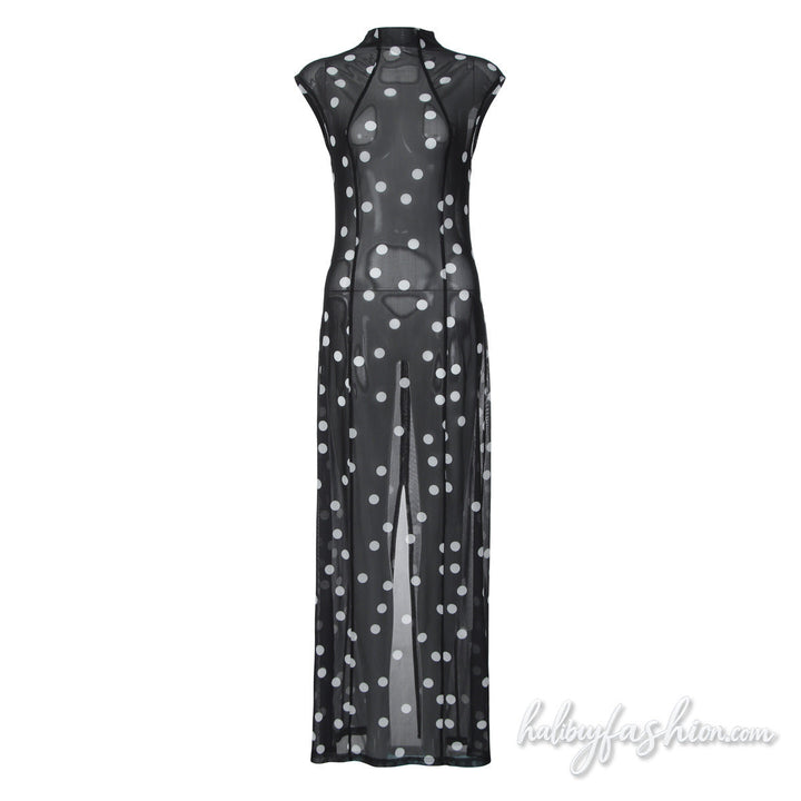 Polka dot slit sheer mesh crewneck mini dress - Halibuy