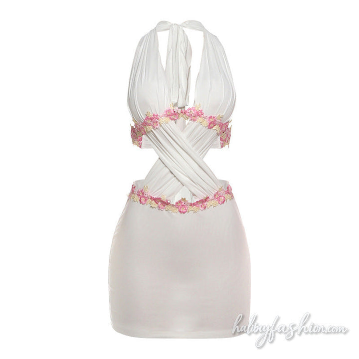 Halter self tie ruched hollow out mini dress
