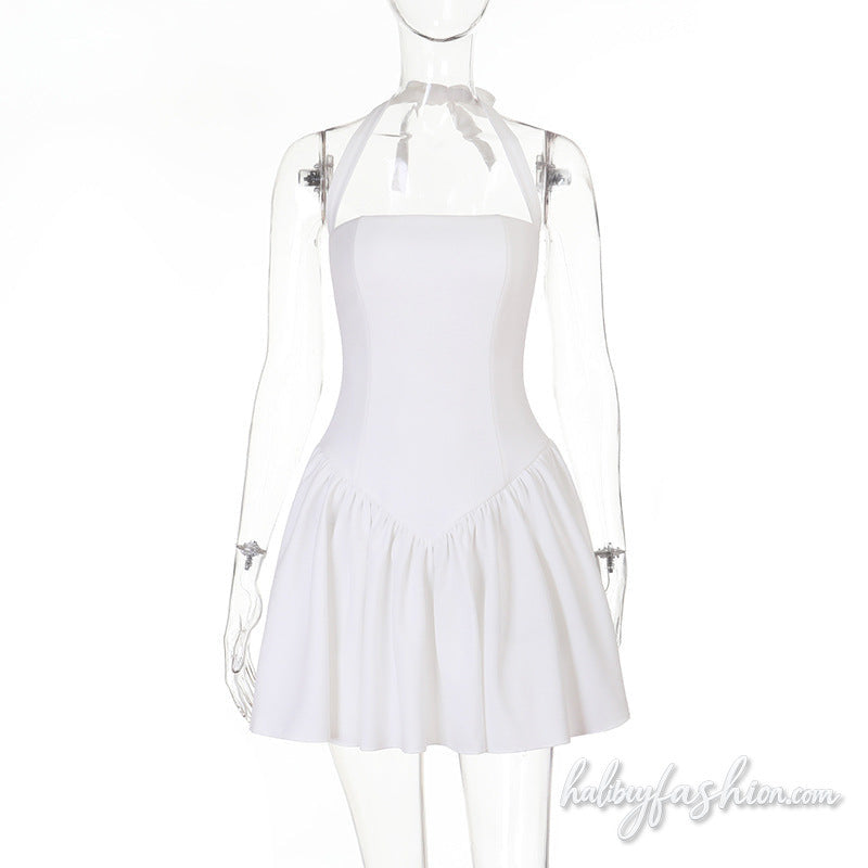 Halter self tie ruched square neck zip-up mini dress