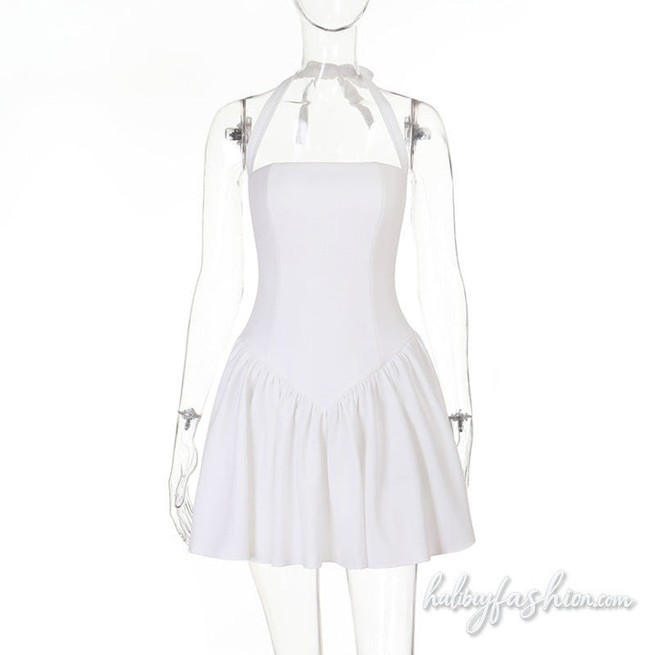 Halter self tie ruched square neck zip-up mini dress