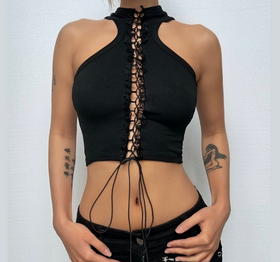 Lace up hollow out ruffle solid crop cut out top  | Festival Outfits Women