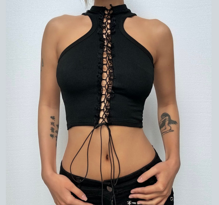 Lace up hollow out ruffle solid crop cut out top  | Festival Outfits Women