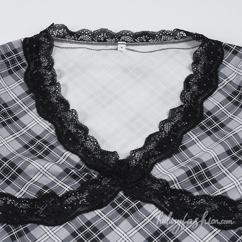 Long sleeve plaid lace hem v neck top