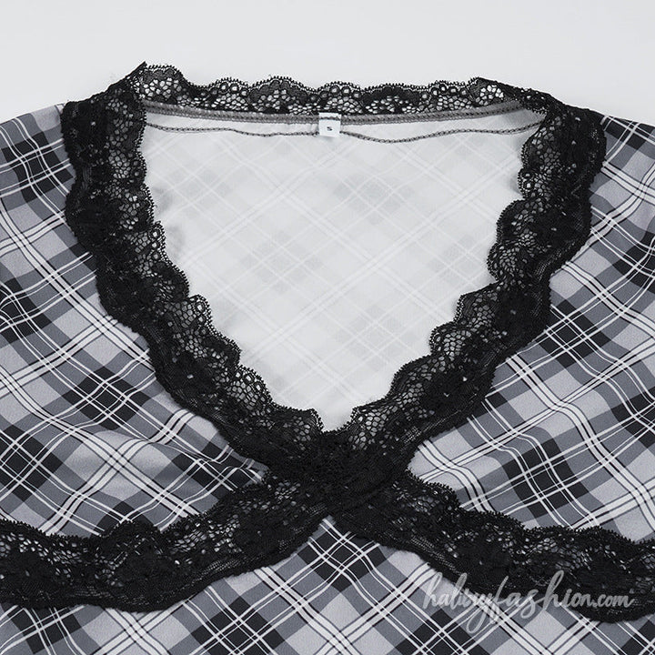 Long sleeve plaid lace hem v neck top