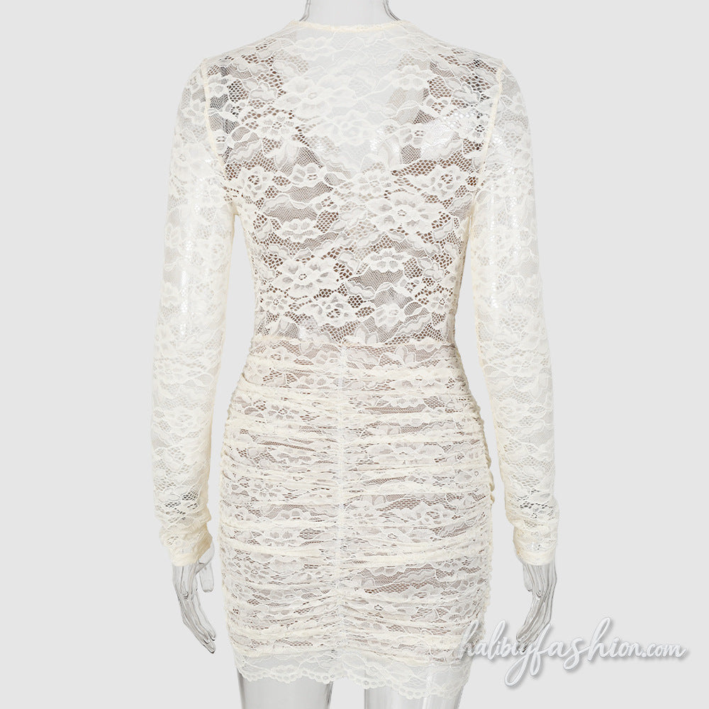 Long sleeve lace ruched v neck mini dress - Halibuy - 4