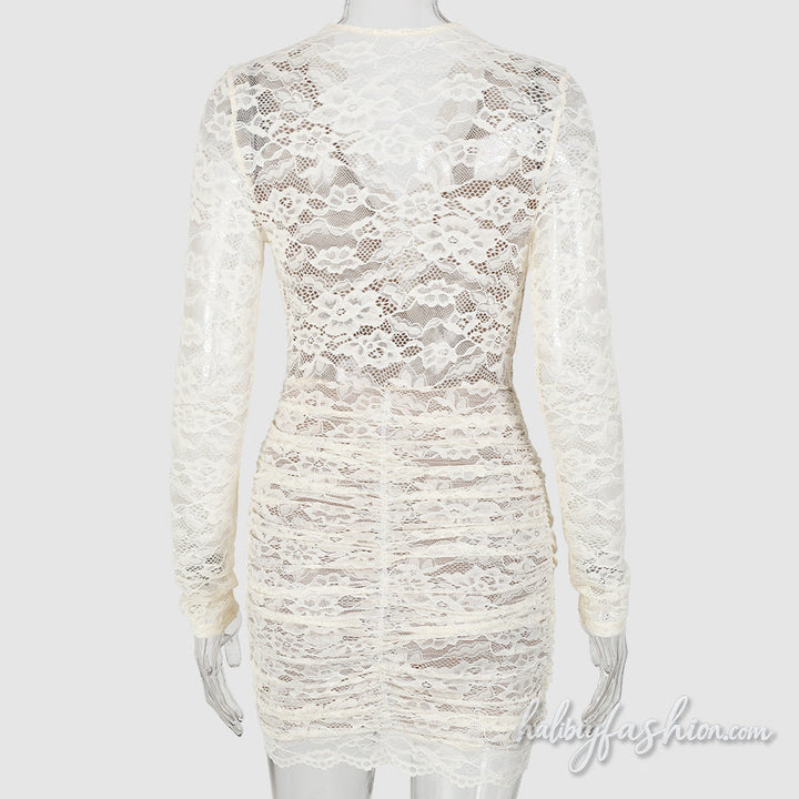 Long sleeve lace ruched v neck mini dress - Halibuy - 4
