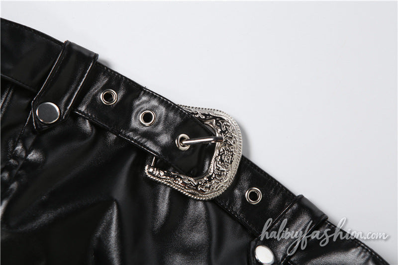 PU leather buckle zip-up tube crop top