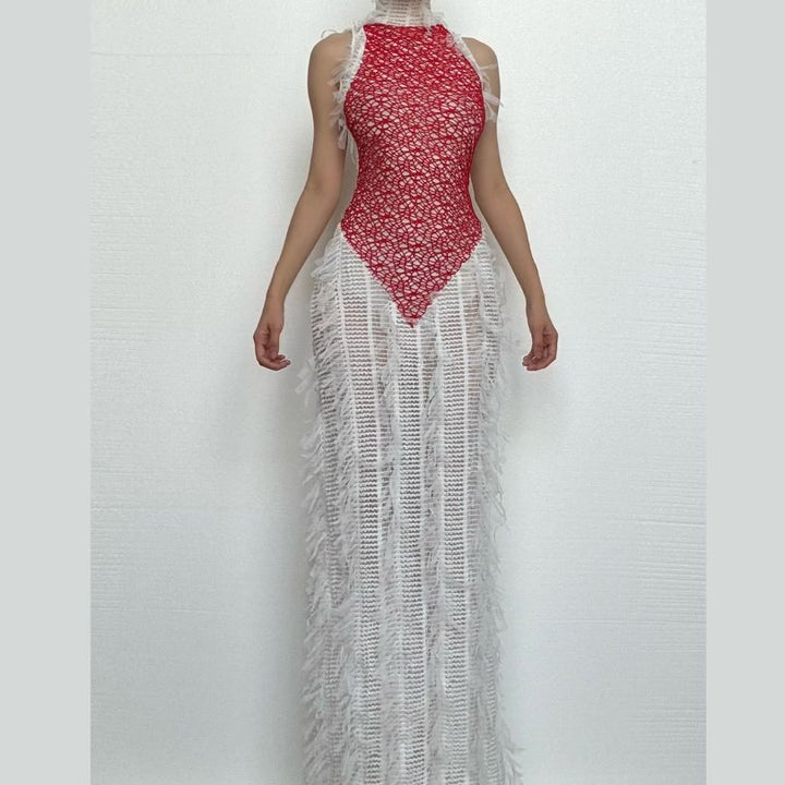 High neck patchwork tassels backless maxi dress  | Festival Outfits Women