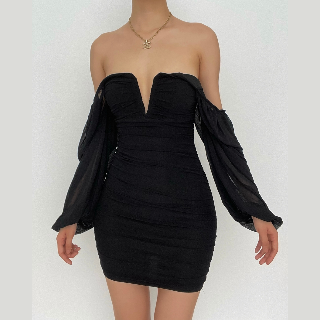 Mesh solid long sleeve ruched notch neck zip-up mini dress-final-sale  | Festival Outfits Women