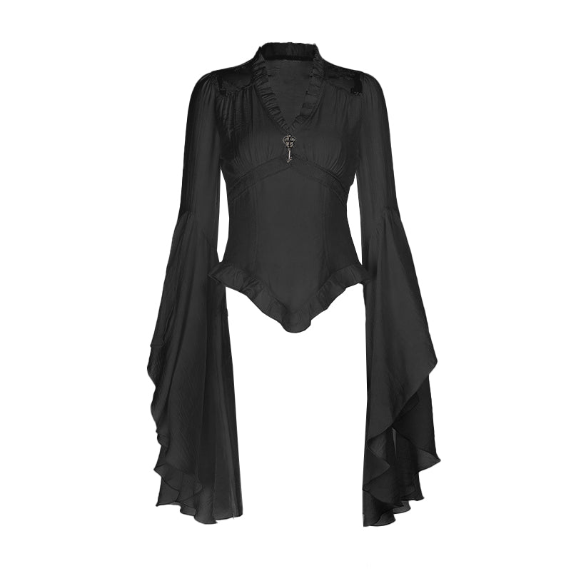 Long flared sleeve v neck ruched solid top  | Festival Outfits Women