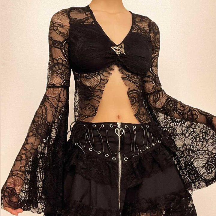 Flared sleeve lace slit v neck solid crop top-final-sale