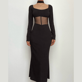 Mesh patchwork solid long sleeve square neck midi dress-final-sale  | Festival Outfits Women