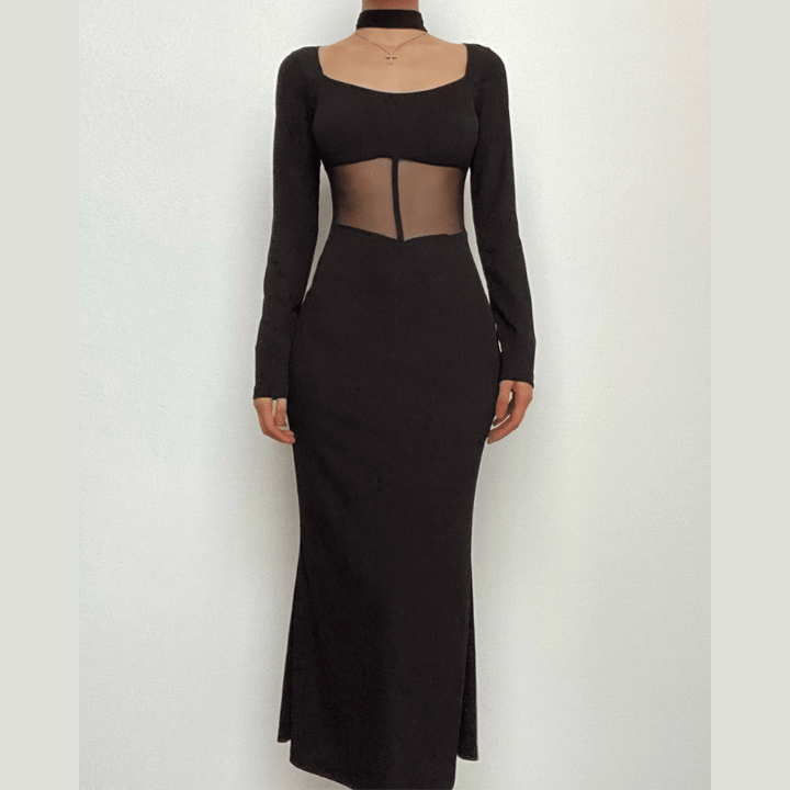 Mesh patchwork solid long sleeve square neck midi dress-final-sale  | Festival Outfits Women
