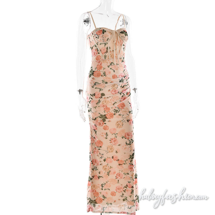 Ruched flower print lace hem mesh cami maxi dress