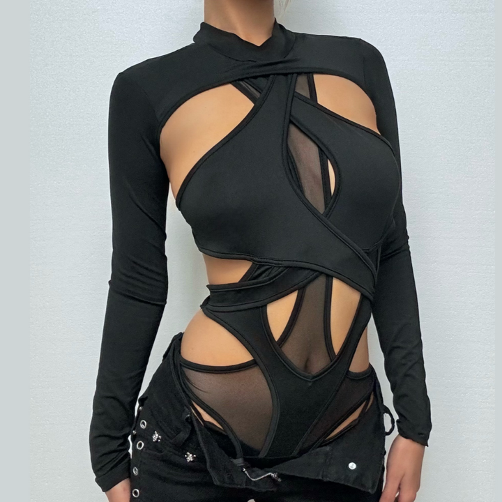 Long sleeves hollow out cross back bodysuit