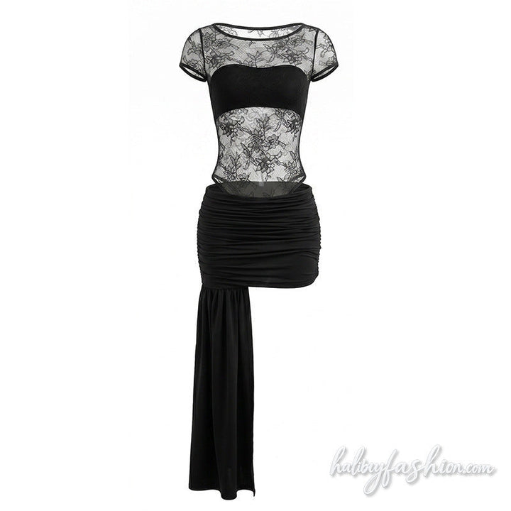Crewneck cap sleeve lace ruched irregular mini skirt set - Halibuy