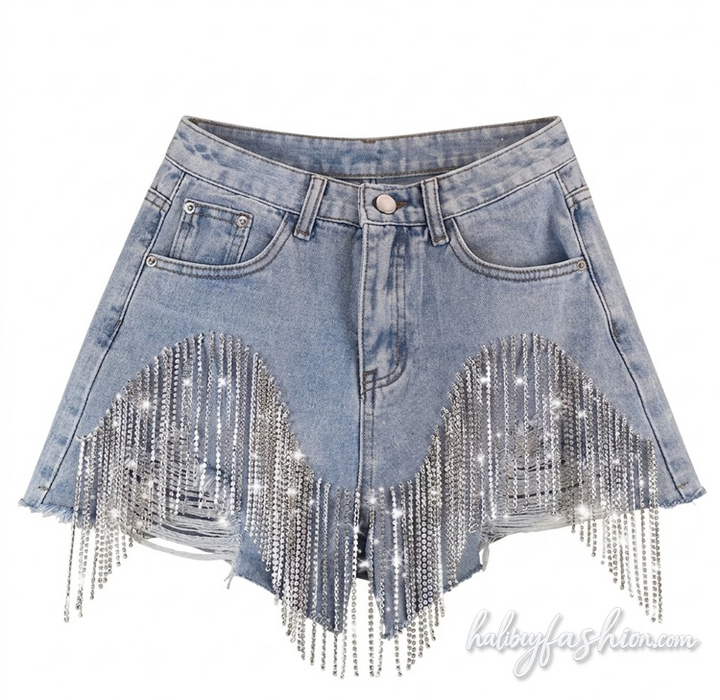 Raw hem tassels beaded ripped short jeans - Halibuy