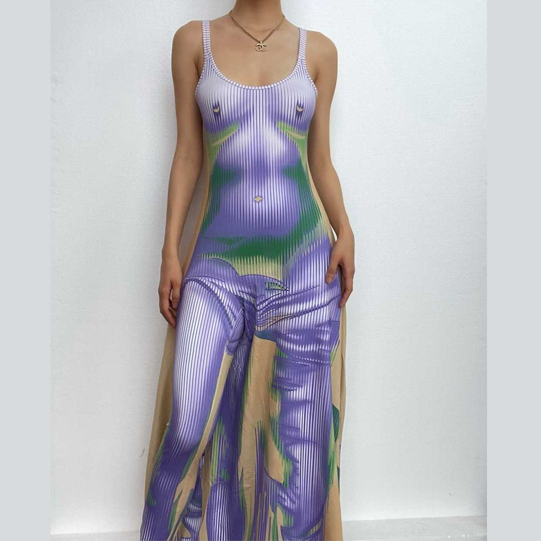 Body pattern u neck ruffle backless contrast cami maxi dress-final-sale  | Festival Outfits Women